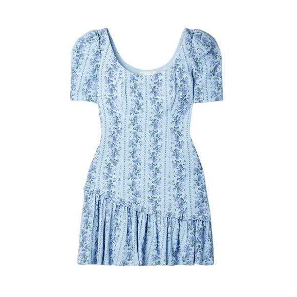 Love Shack Fancy Blue Solus Ruffled Floral Crepe Mini Dress Size 10 - Picture 1 of 10